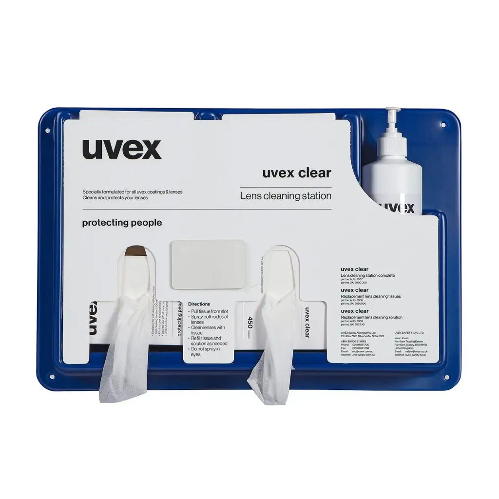 uvex safety eyewear cleaning station, suitable for all uvex safety spectacles, Includes cleaning tissues, cleaning fluid and mirror. Comes complete with mounting screws and double sided stickers for wall mounting