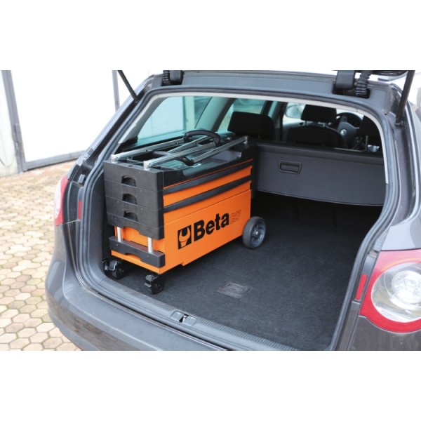 BETA Tools C27S Folding tool trolley for outdoor jobs, 2 drawers, Thermoplastic worktop with 6 built-in tool trays