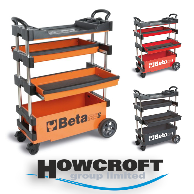 BETA Tools C27S Folding tool trolley for outdoor jobs, 2 drawers, Thermoplastic worktop with 6 built-in tool trays