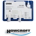uvex safety eyewear cleaning station, suitable for all uvex safety spectacles, Includes cleaning tissues, cleaning fluid and mirror. Comes complete with mounting screws and double sided stickers for wall mounting