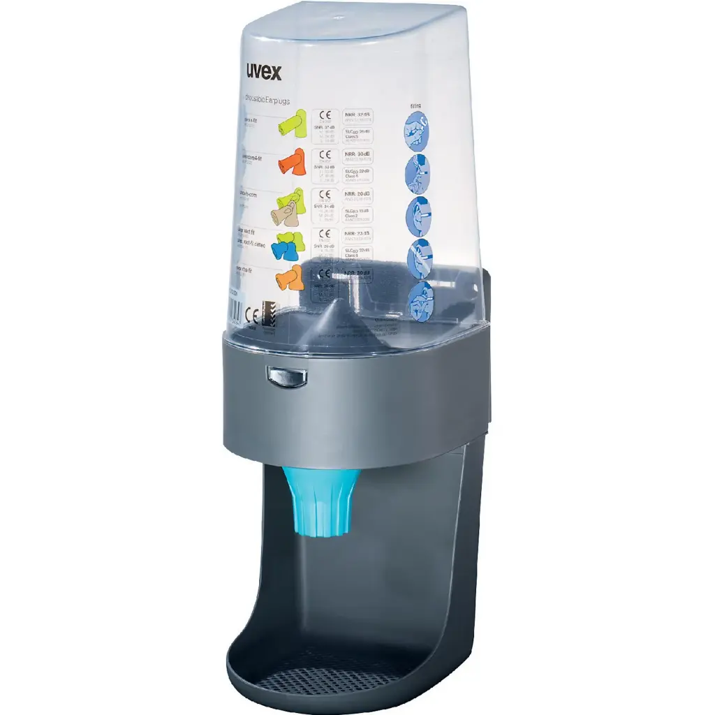 uvex earplug "one 2 click" dispenser Holds 600 pairs of earplugs (for dispensing uncorded plugs). Simple click mechanism prevents over supply of plugs