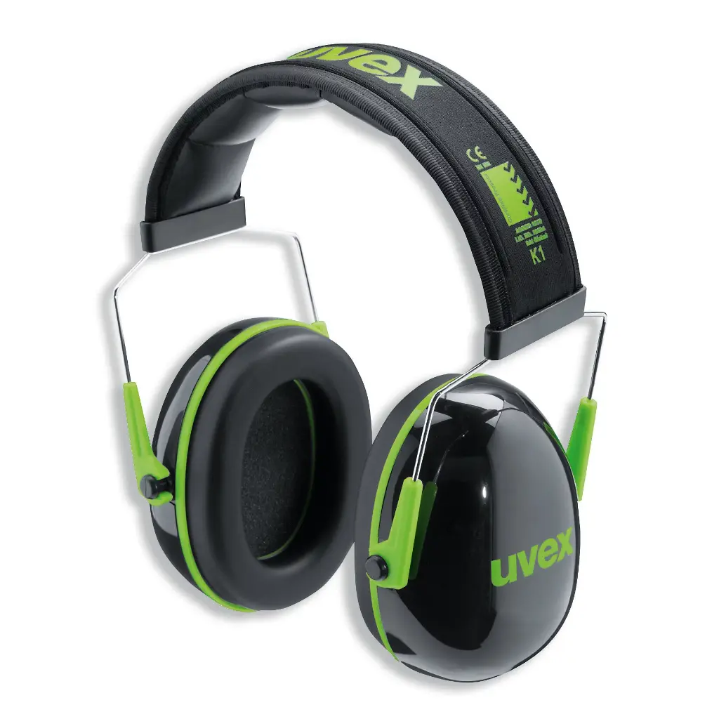 uvex K1 earmuffs for low noise areas. Padded metal, fully adjustable low clamping suspension system with soft cushions. Foldable for easy storage. SNR 28dB PPE Hearing Protection